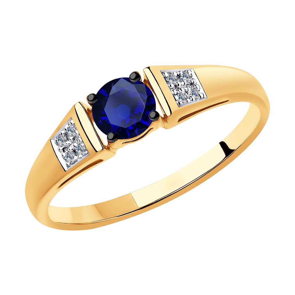 Изображение Золотое кольцо с бриллиантами и синт. корундом