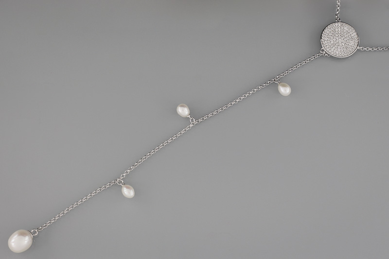 Изображение Серебряная цепочка с цирконами и жемчугом 43-50 см