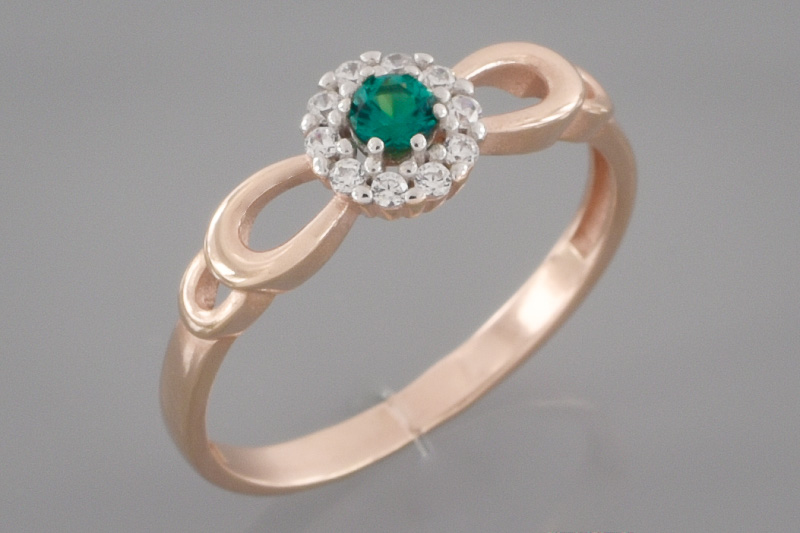 Paveikslėlis Paauksuotas sidabrinis žiedas su sint. smaragdu ir cirkoniais 17 mm