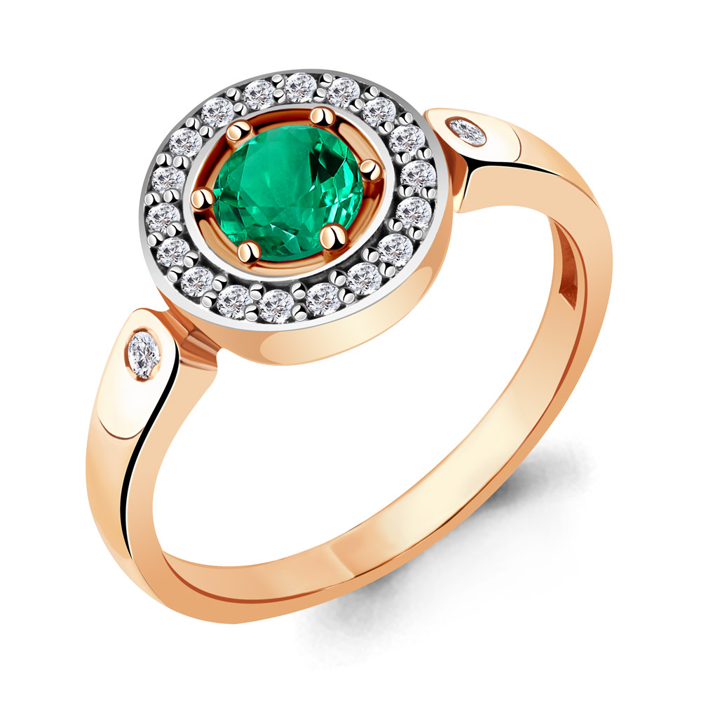 Paveikslėlis Paauksuotas sidabrinis žiedas su sint. smaragdu ir cirkoniais