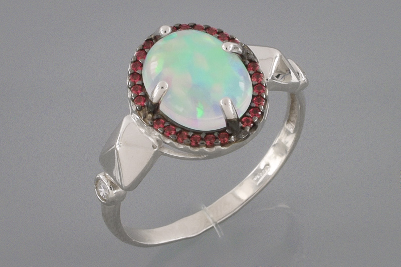 Изображение Серебряное кольцо с синт. опалом и синт. нанотурмалинами 17,5 мм